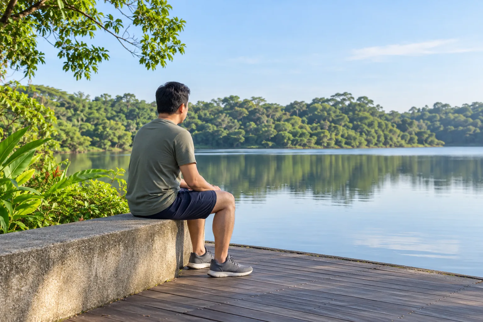 A man sits on a low wall beside a timber boardwalk and looks across calm water in the early morning.