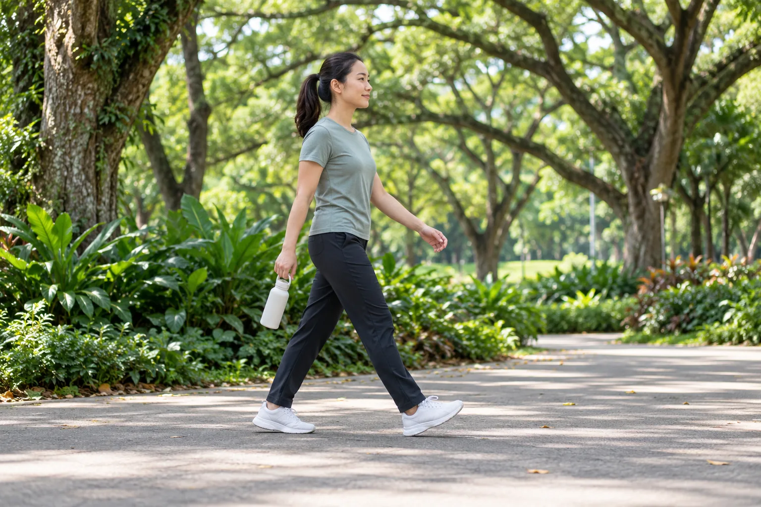 A woman walks along a broad tree-lined park path carrying a plain water bottle in the early morning.