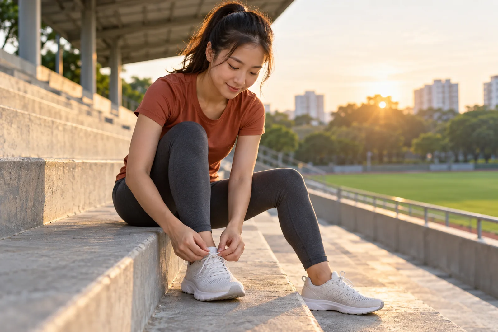 A young woman sits on stadium steps and laces her running shoes in the warm morning light.