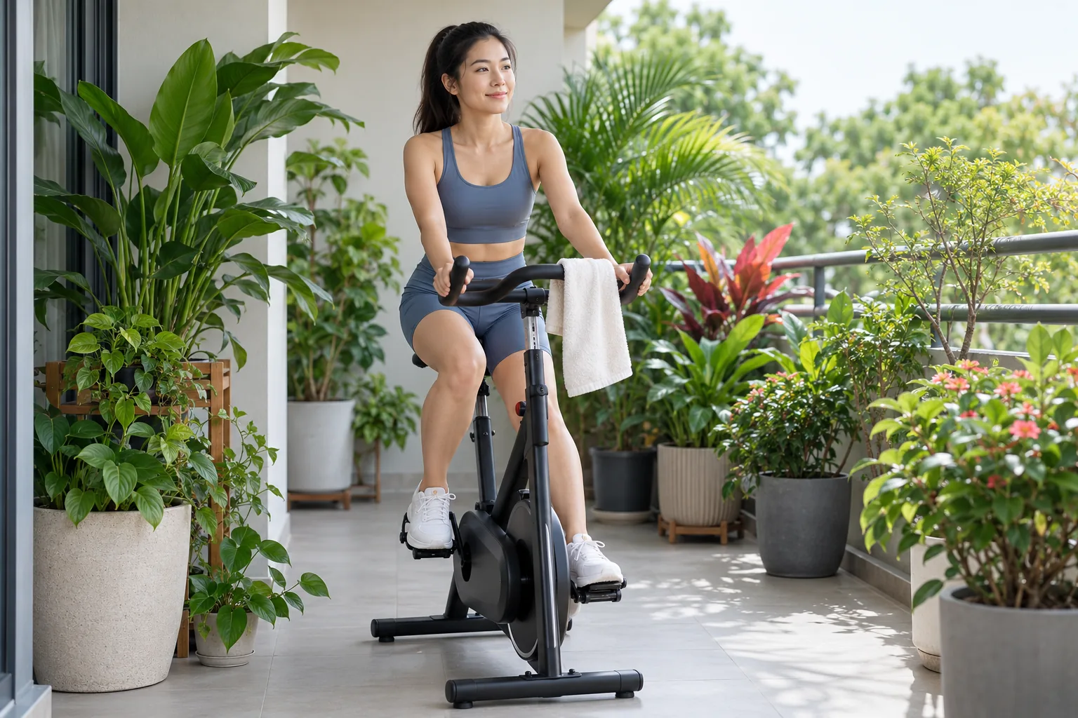 A young woman pedals a stationary bicycle on a bright plant-filled balcony with a towel over the handlebar.