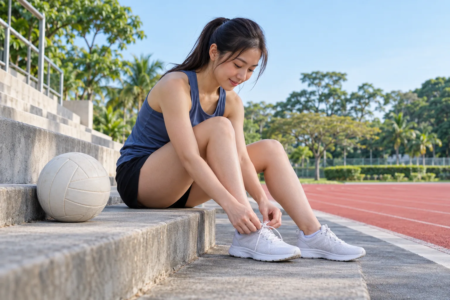 A young woman ties her shoelace on the bottom step of an empty running-track stand with a ball beside her in the morning light.