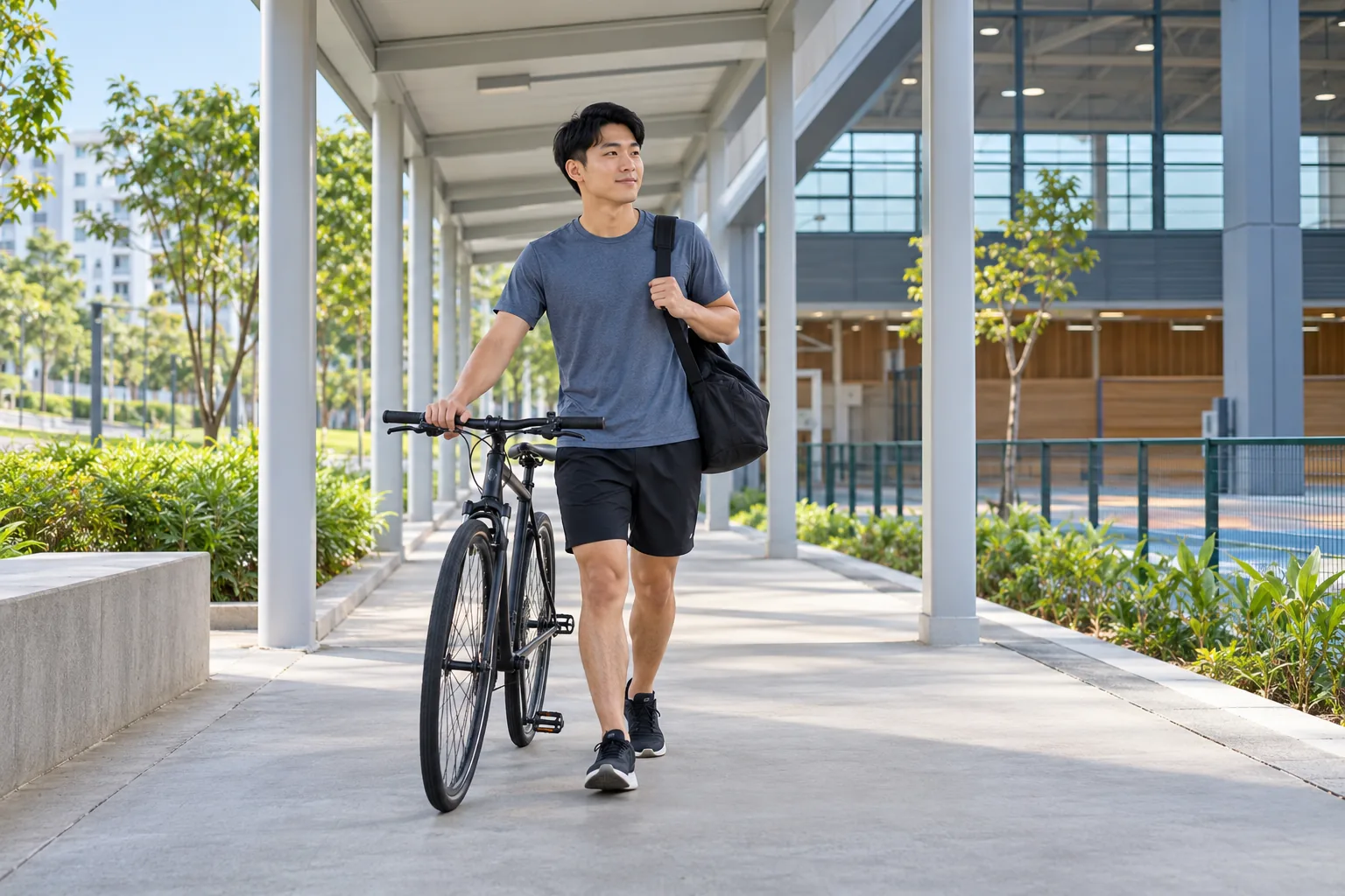 A young man walks his bicycle through a bright covered linkway, carrying a plain sports bag.