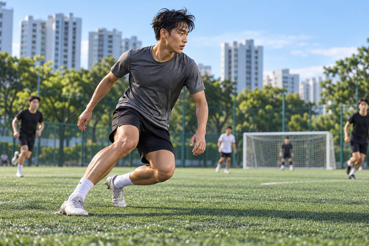 A football player changes direction on a neighbourhood pitch in morning light with other players behind him.