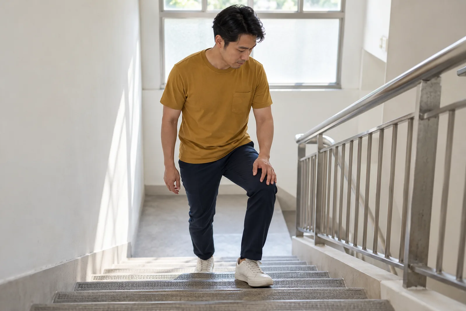 A man pauses halfway up a bright indoor stairwell and looks thoughtfully towards his knee.