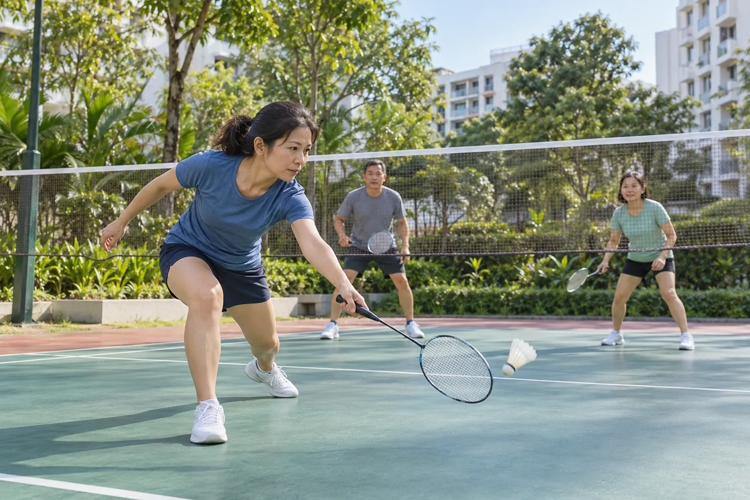 Three friends play a relaxed badminton rally on a bright outdoor community court.