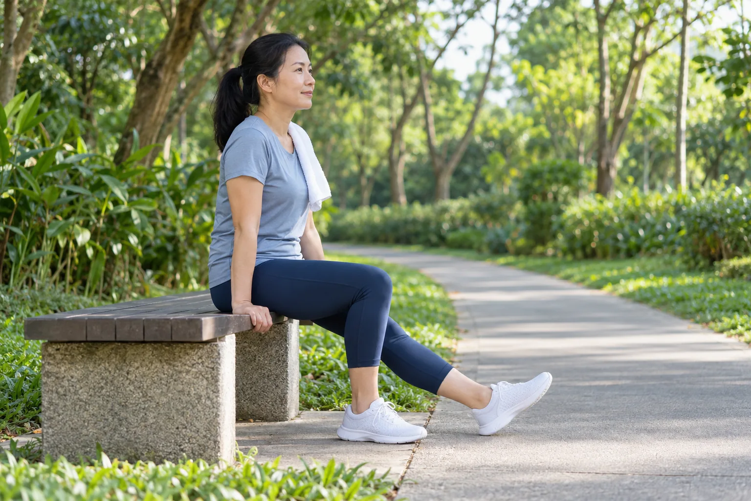 A woman sits upright on a park bench with one leg comfortably extended.