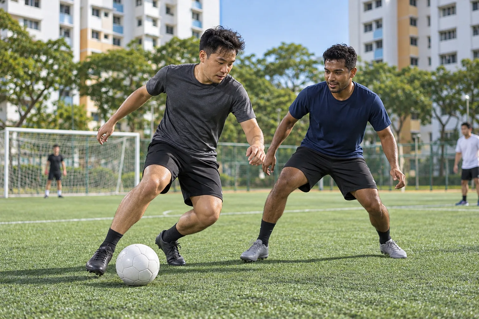 Two football players challenge for the ball during a friendly morning game on a neighbourhood pitch.