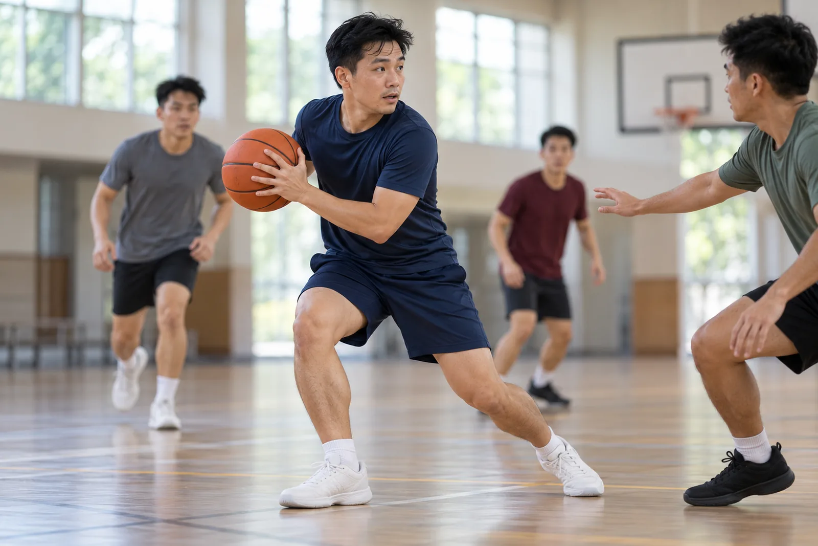 A basketball player pivots with the ball while other players move around him in a bright school hall.