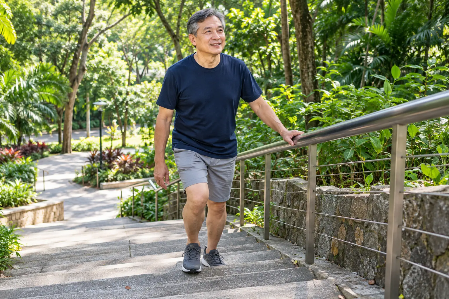 A man in his late fifties walks up broad outdoor steps in a leafy neighbourhood park with one hand resting lightly on the railing.