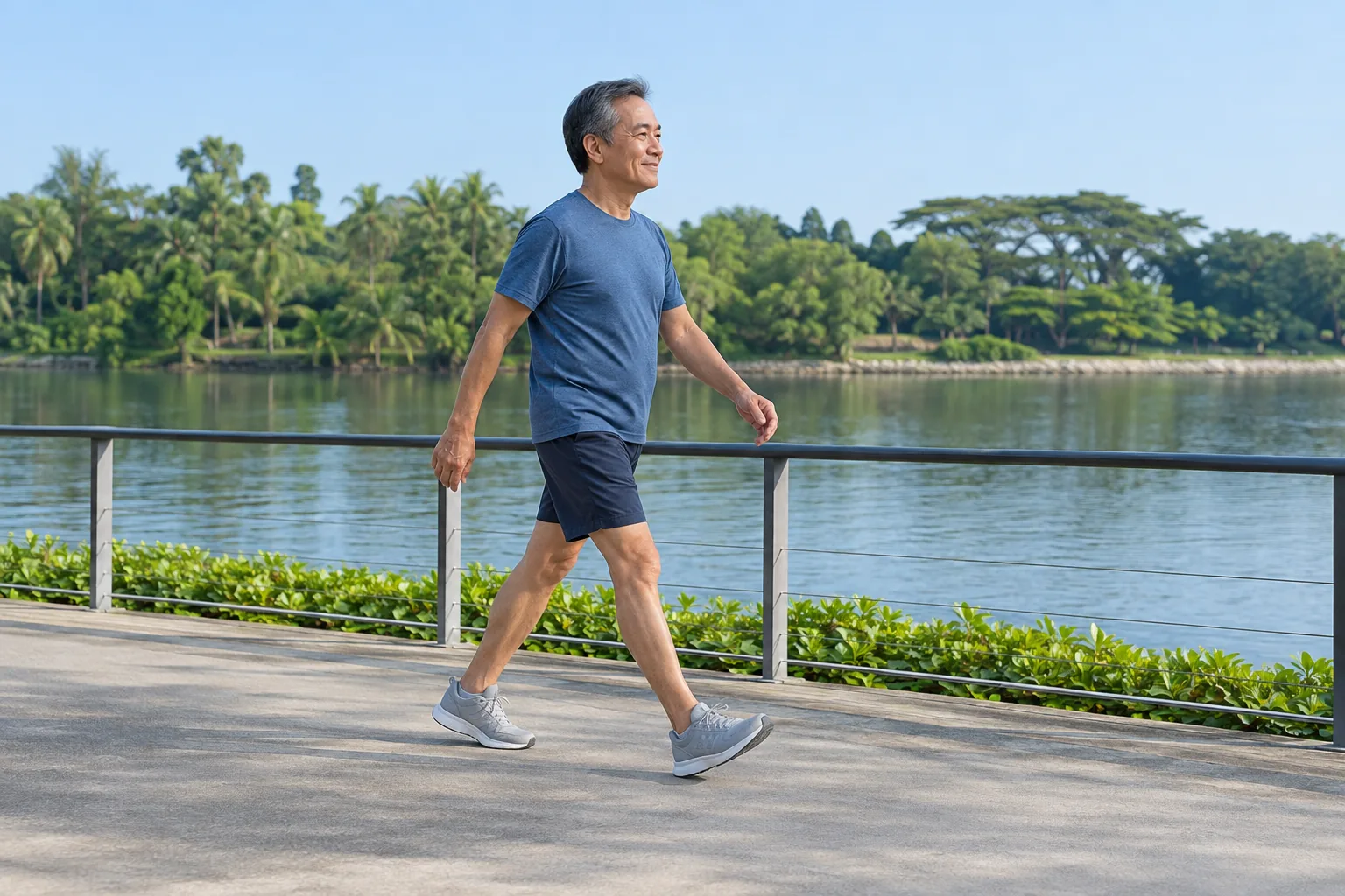 A man walks briskly along a broad waterside path beside calm water in the early morning.