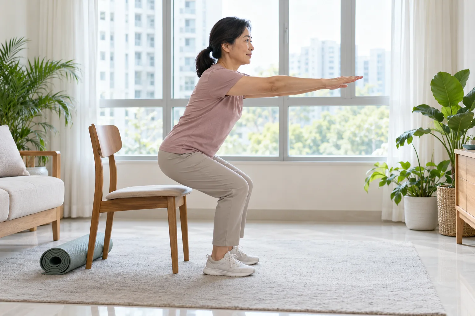 A woman rises slowly from a wooden chair with her arms extended for balance in a bright living room.