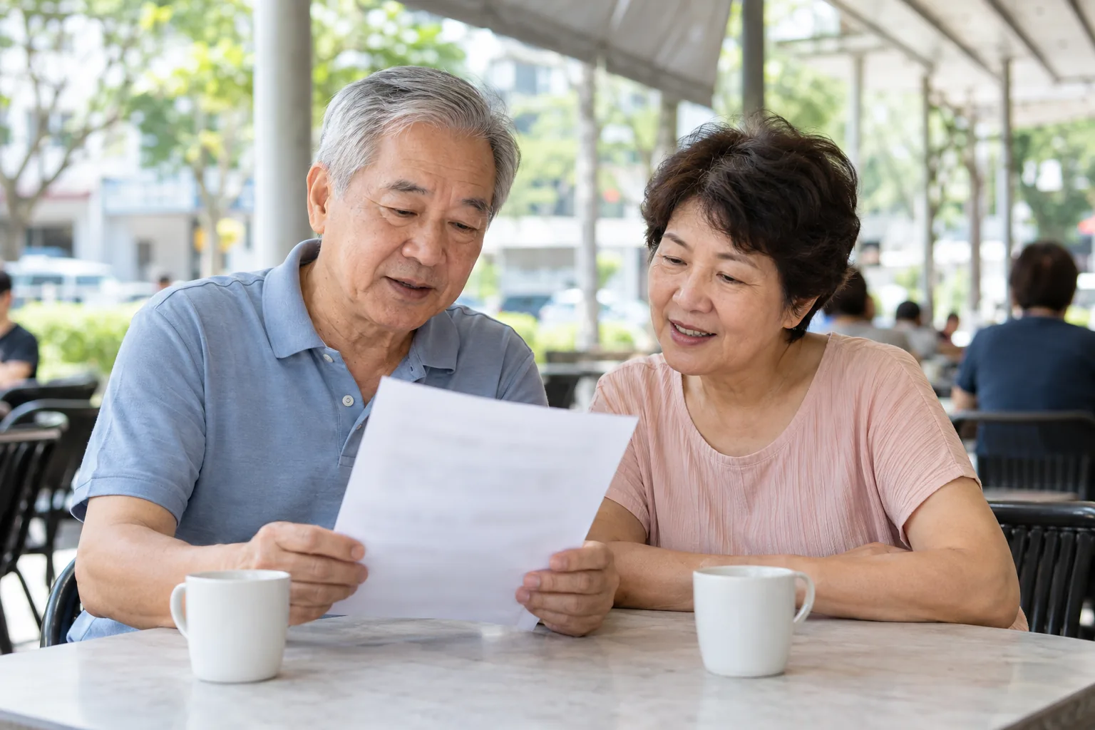 An older couple read a sheet of paper together over two cups at an open-air neighbourhood coffee shop.