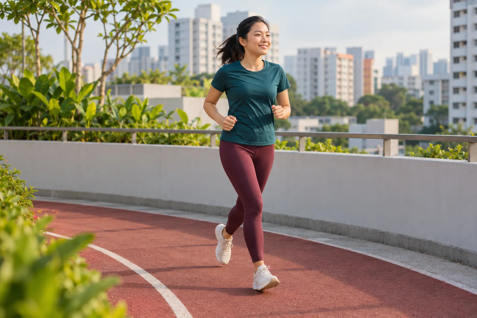 A woman jogs easily on a rooftop running track surrounded by housing blocks and greenery.