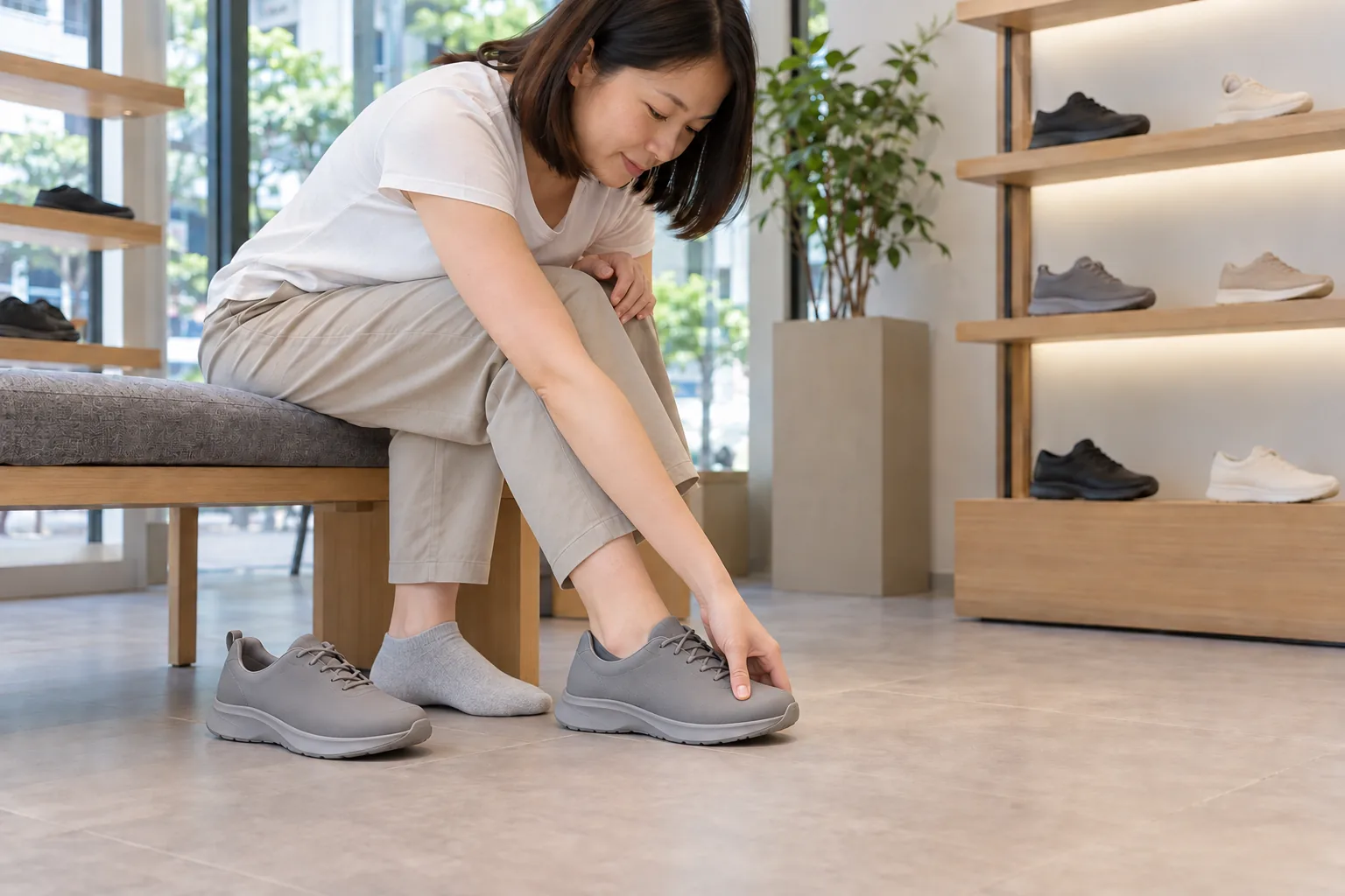 A woman checks the toe room of a plain grey walking shoe while seated on a bench in a bright shoe shop.