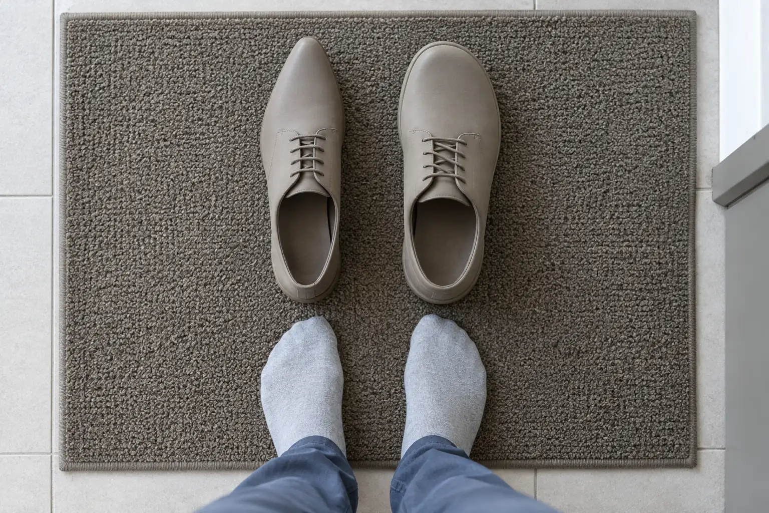 Two plain taupe shoes with pointed and rounded toe shapes sit side by side in front of sock-covered feet.
