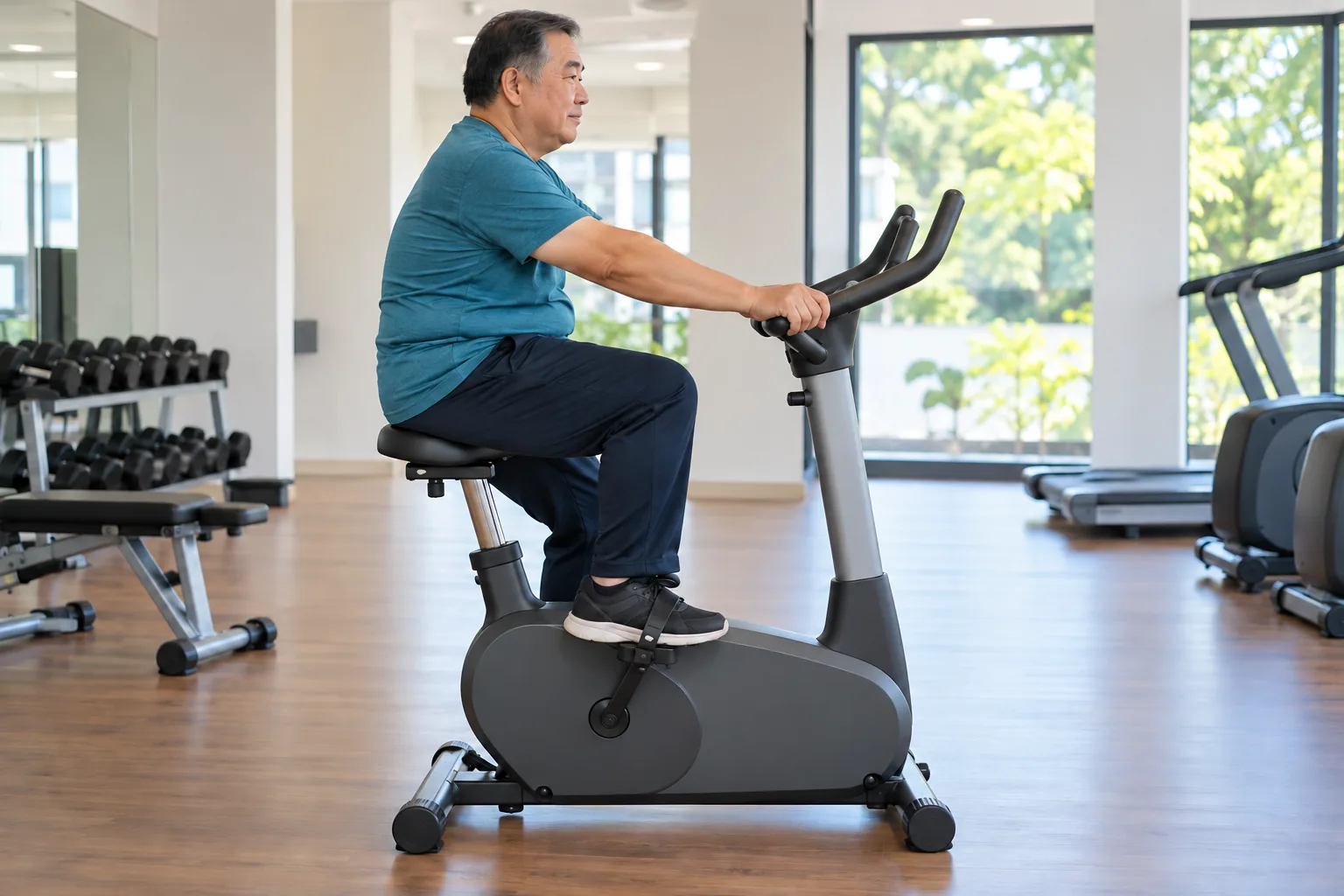 A man pedals an upright exercise bicycle at an easy pace in a bright gym.