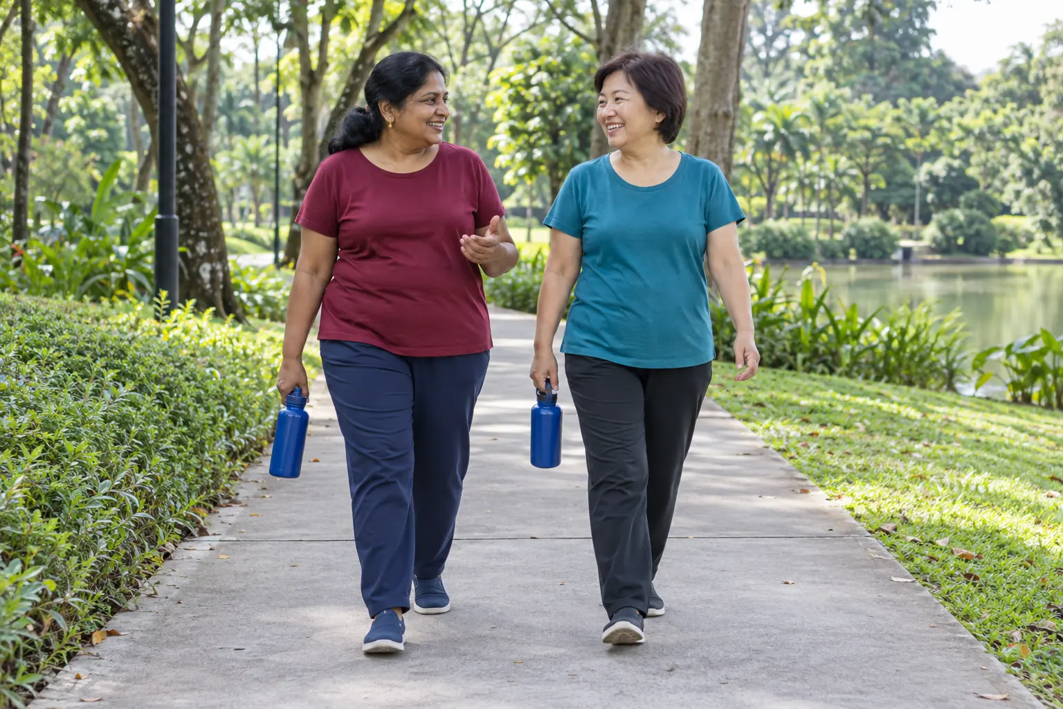 A woman walks through a neighbourhood park with a friend, both carrying water bottles and talking.
