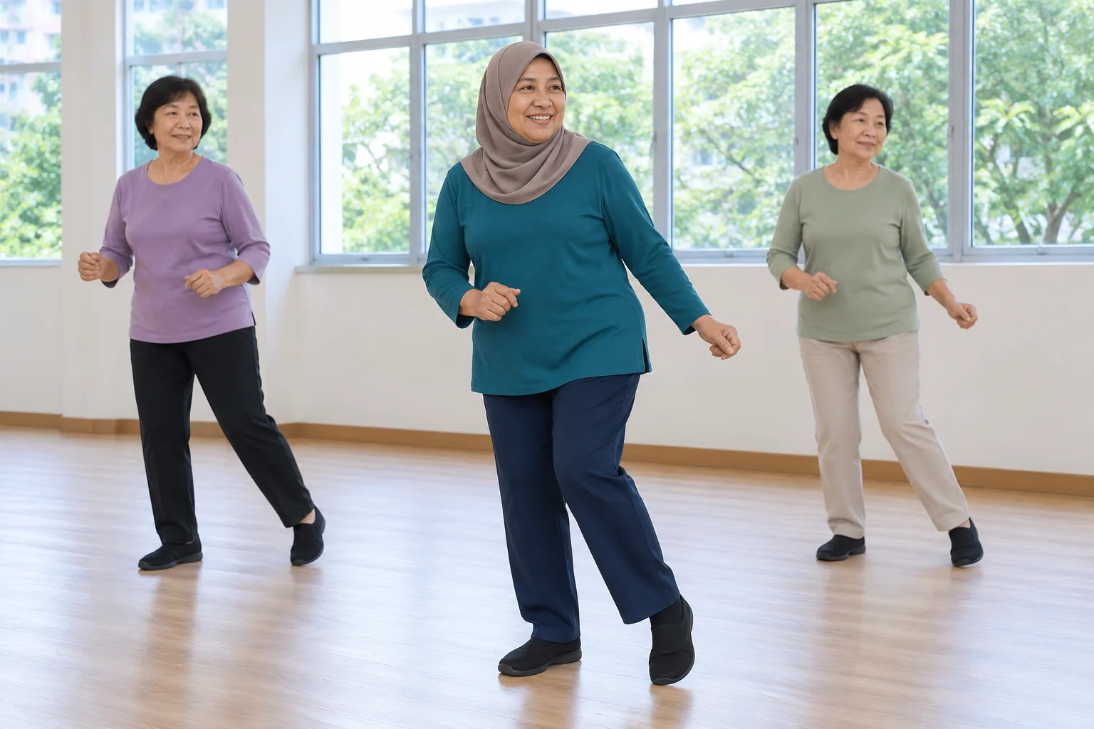 A Malay Singaporean woman joins a gentle community line-dance class.