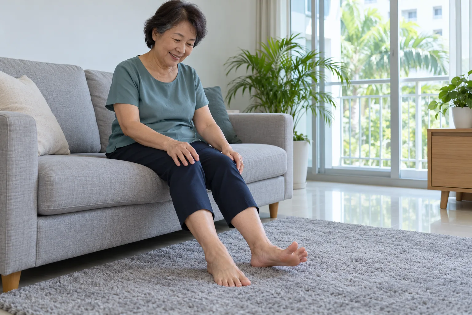 A Chinese woman gently stretches her bare toes while seated at home.