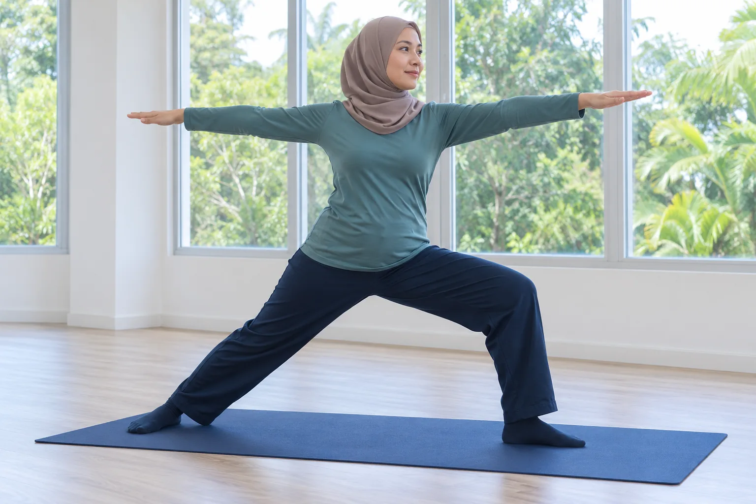A Malay woman in modest clothing holds a gentle yoga pose in a bright studio.