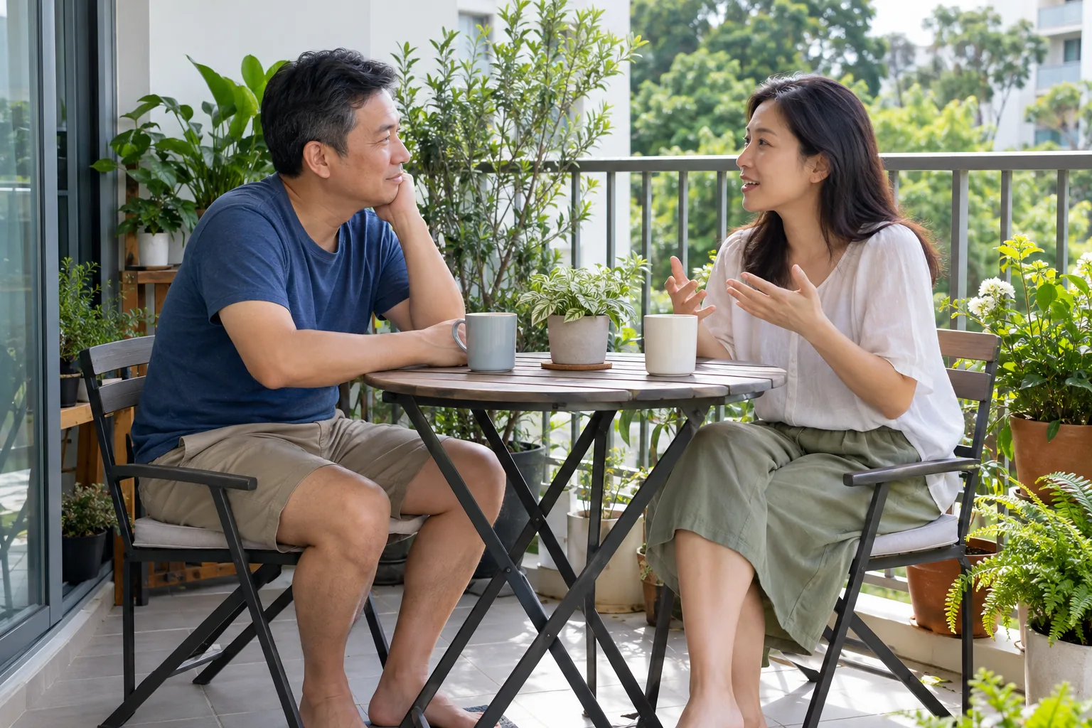 A couple talks across a small table on a balcony beside potted plants.