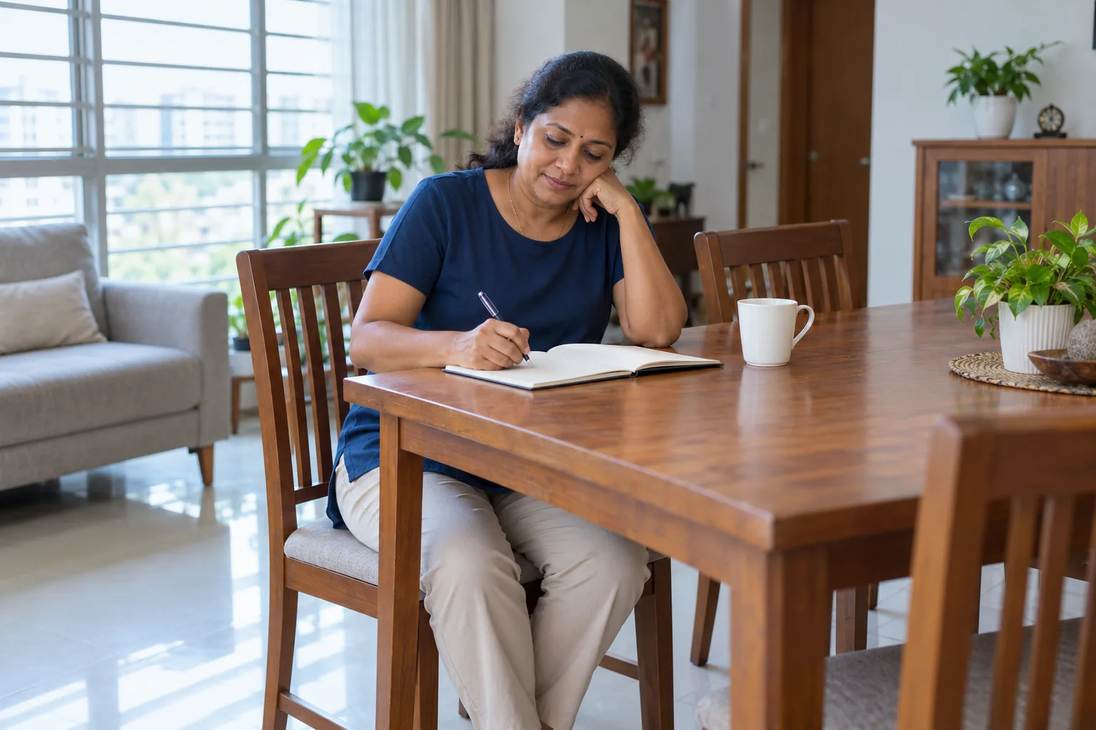 A woman writes in a notebook at a dining table with a cup beside her.