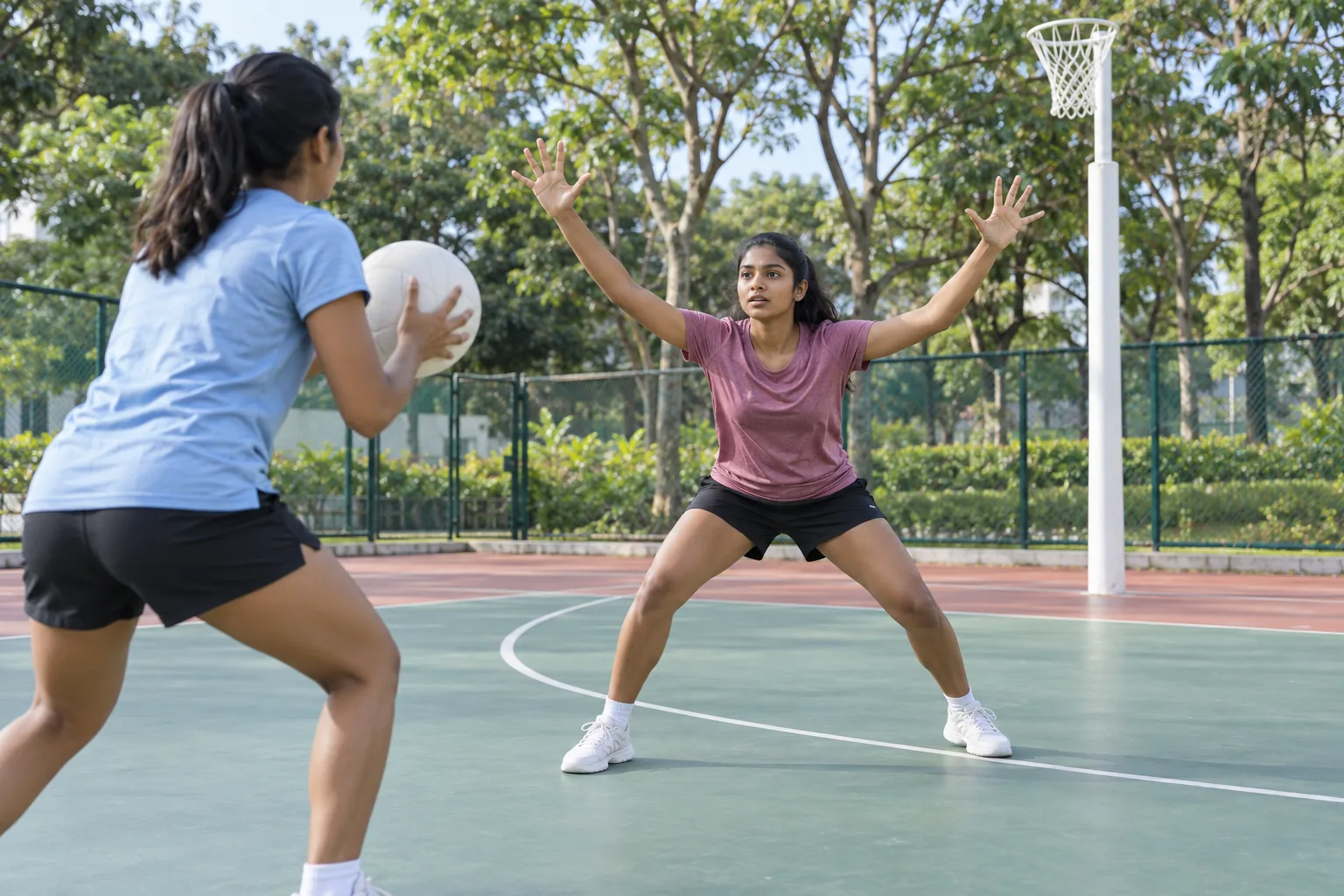 A young woman guards a netball goal circle in a wide low stance with her arms raised.