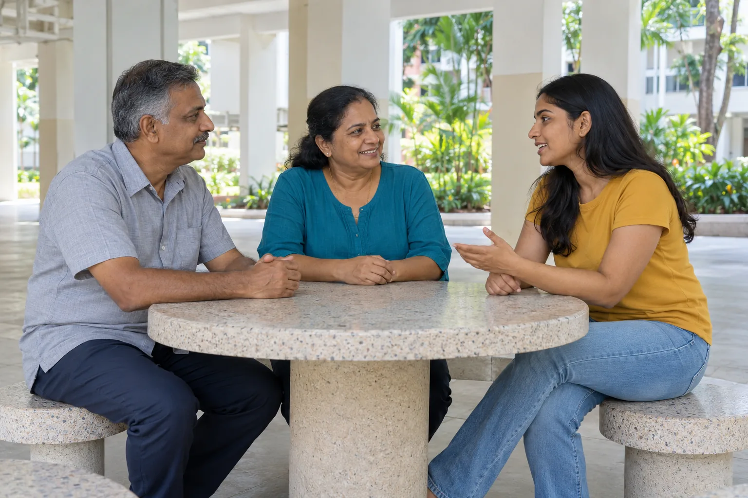 An Indian family of three talks at an HDB void-deck table.