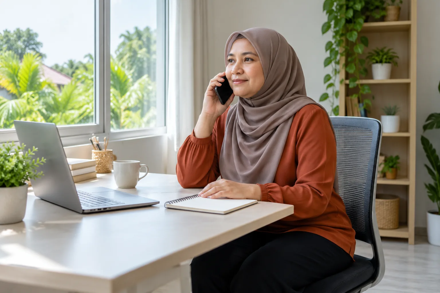 A Malay woman takes a phone call at a bright home-study desk.