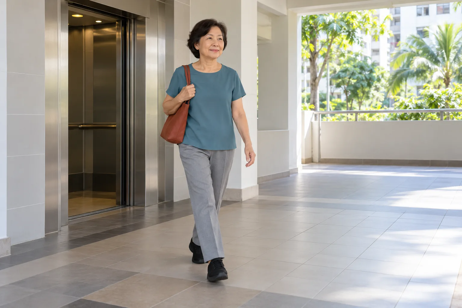A Chinese woman walks out of an HDB lift lobby into morning daylight.