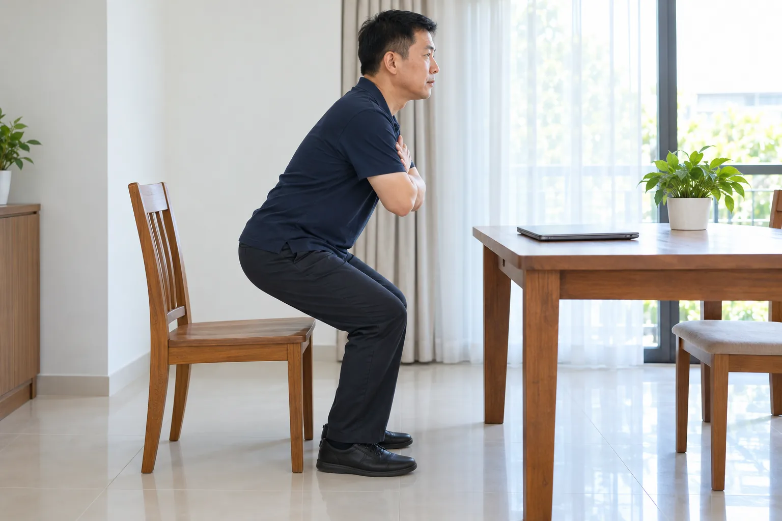 A man rises halfway from a dining chair with his arms crossed over his chest.