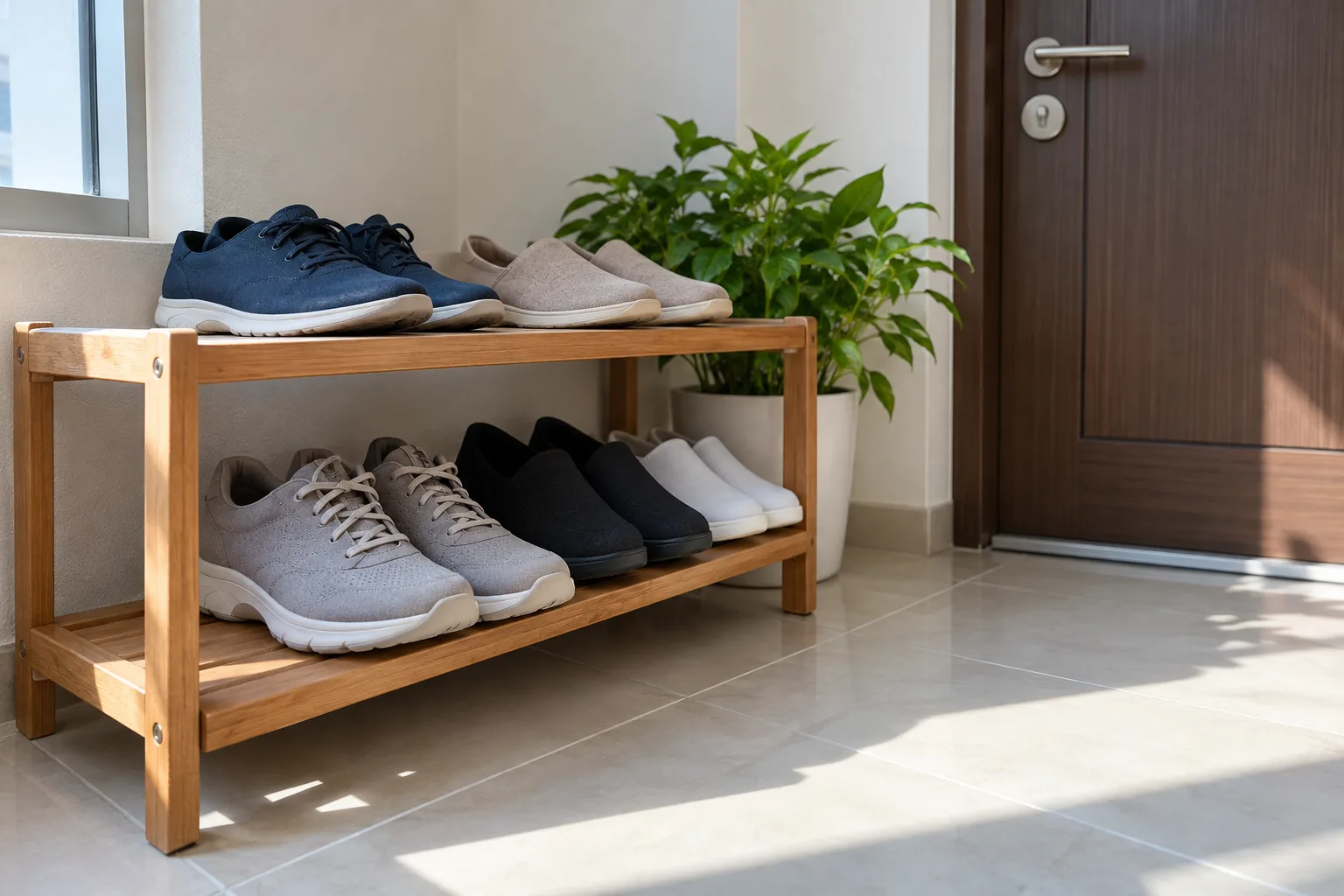Plain everyday shoes sit on a low rack beside a front door.