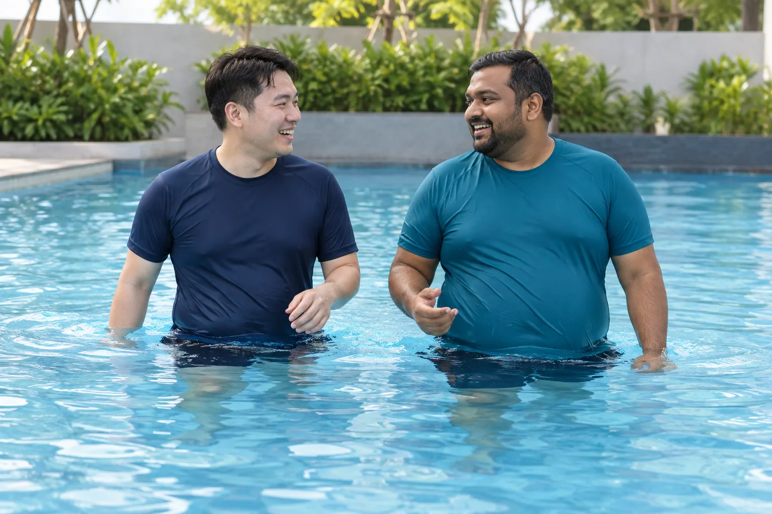Two friends wearing swim shirts walk side by side in the shallow lane of an outdoor pool.