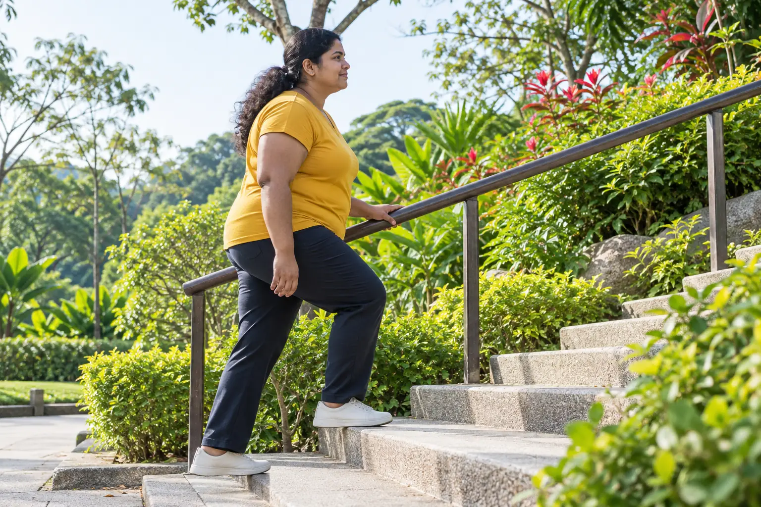 A woman of heavier build climbs park steps beside a rail.
