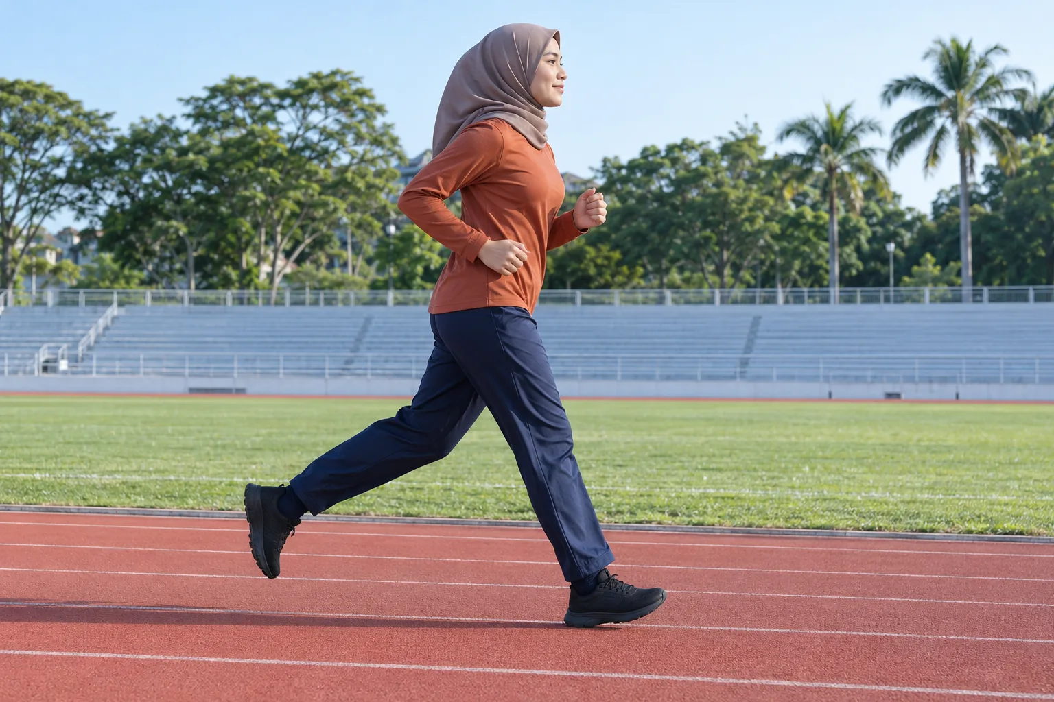A Malay woman in modest sportswear runs on a stadium track.