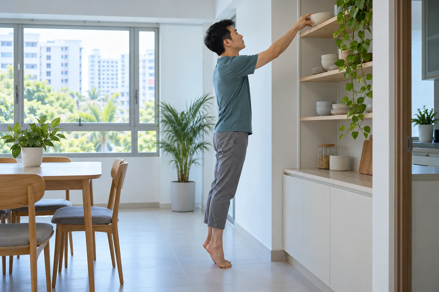 A Chinese man stands on tiptoe to reach a shelf at home.