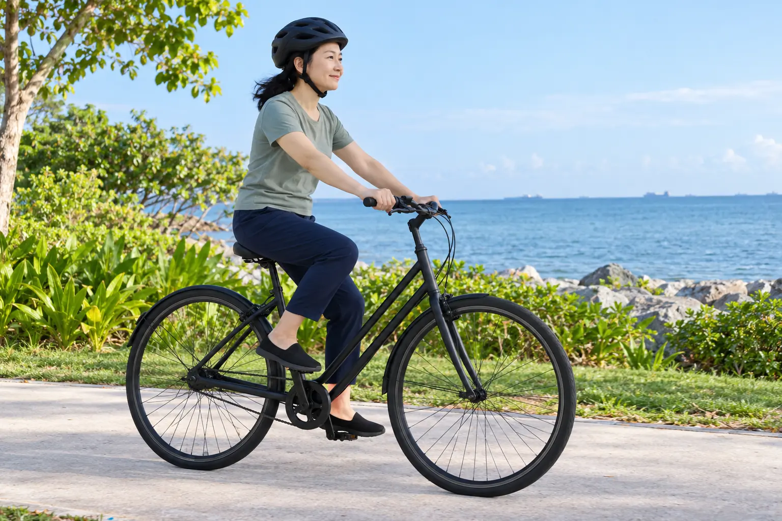 A Chinese Singaporean woman cycles along a tropical coastal path.