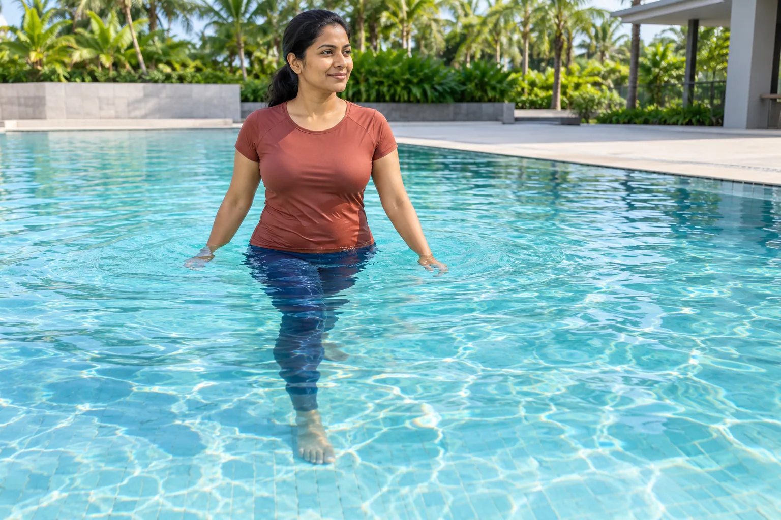 An Indian woman walks through the shallow end of a public pool.