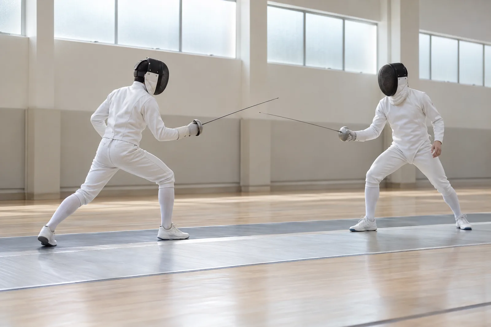 Two masked fencers face each other in guard on a bright indoor piste.