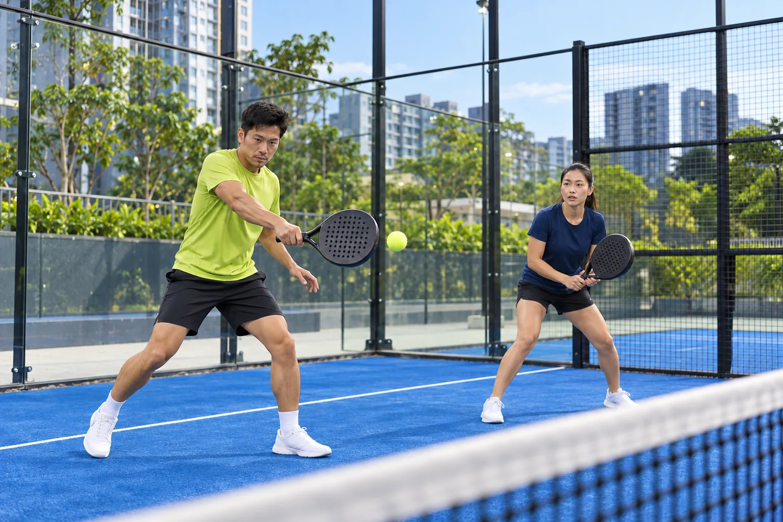 Two players prepare a return together on one side of an outdoor padel court.