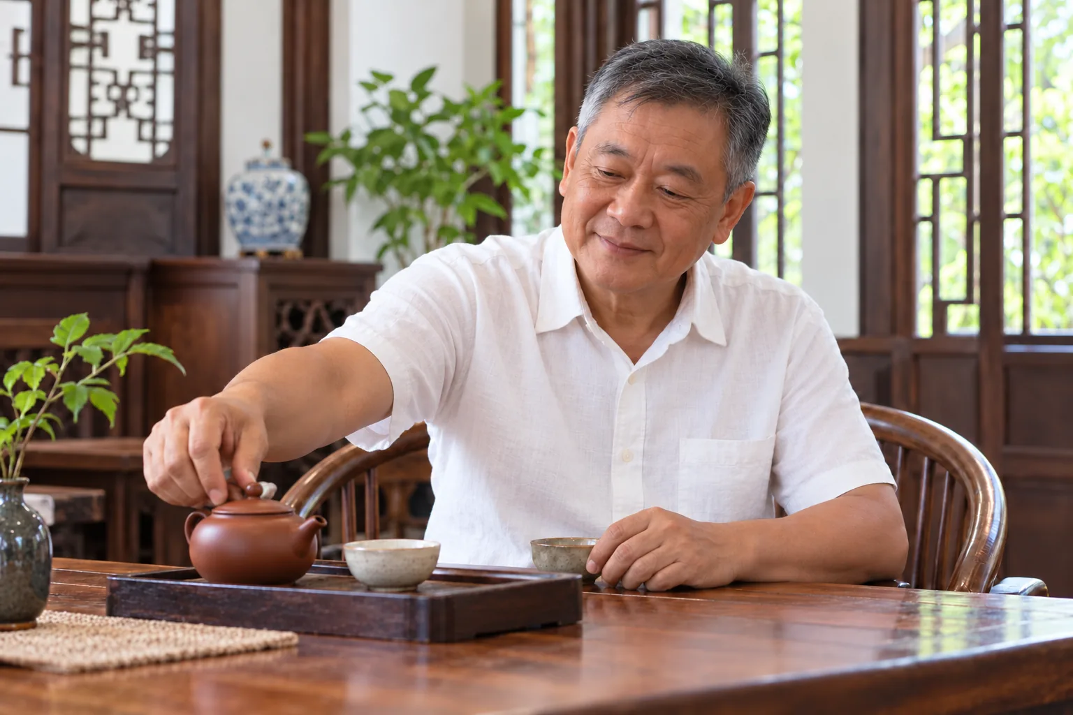 A man reaches across a wooden table for a clay teapot in a bright, quiet teahouse.