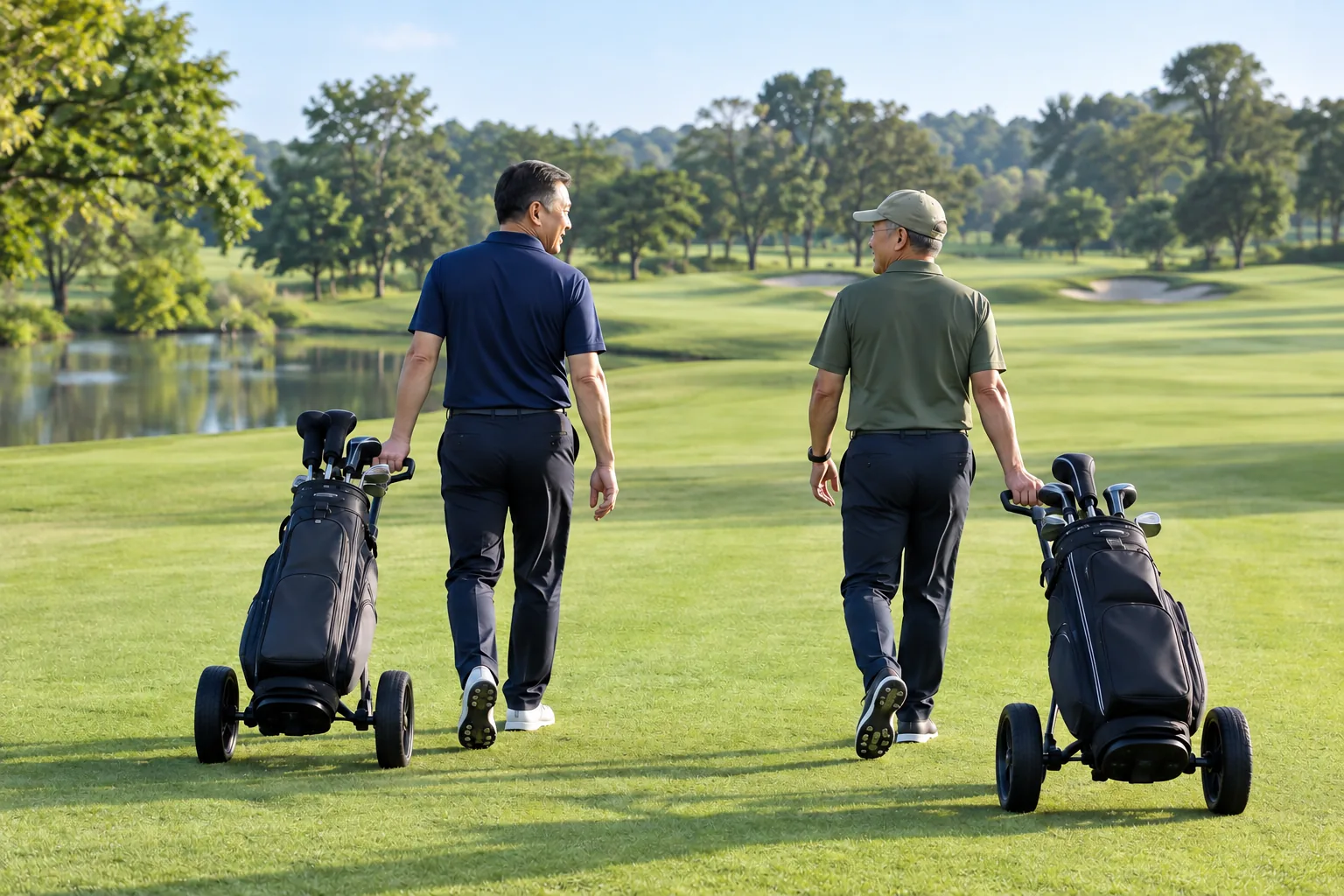 Two golfers walk down a fairway pulling golf trolleys.