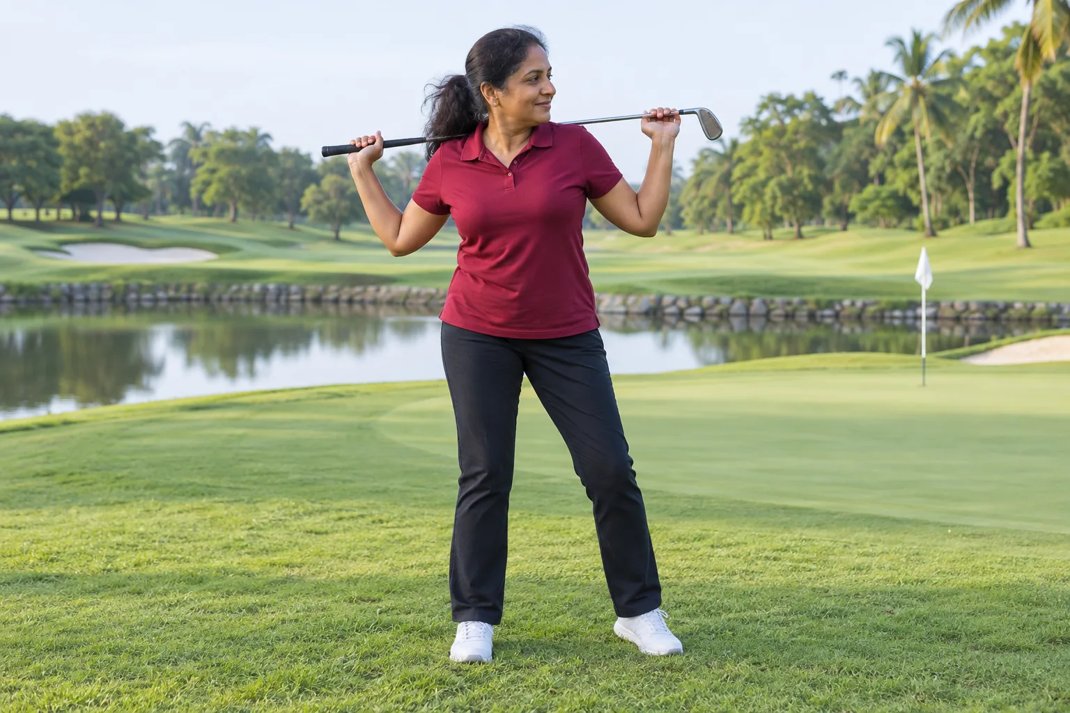 A woman warms up beside a practice green, turning her trunk from side to side with a golf club held behind her.