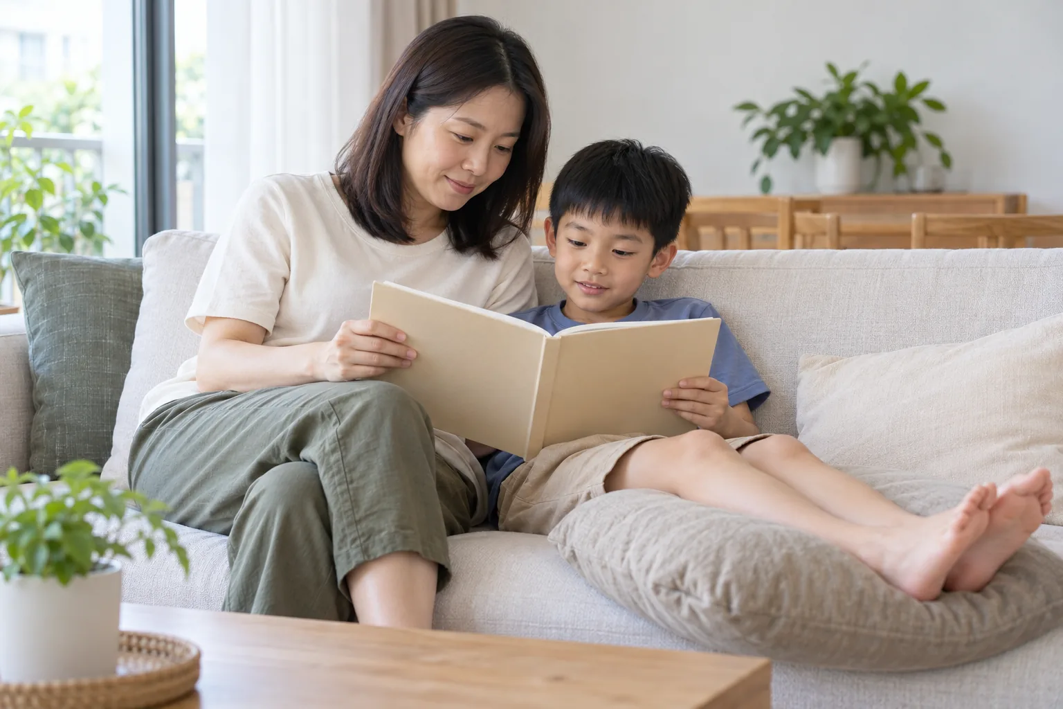 A mother reads a book beside her son as he rests on a sofa with his legs on a cushion.