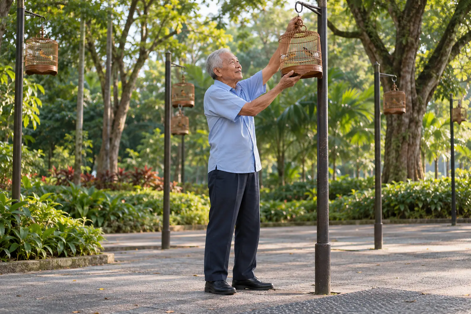 An older man lifts a bamboo songbird cage onto a hook at a leafy neighbourhood corner.