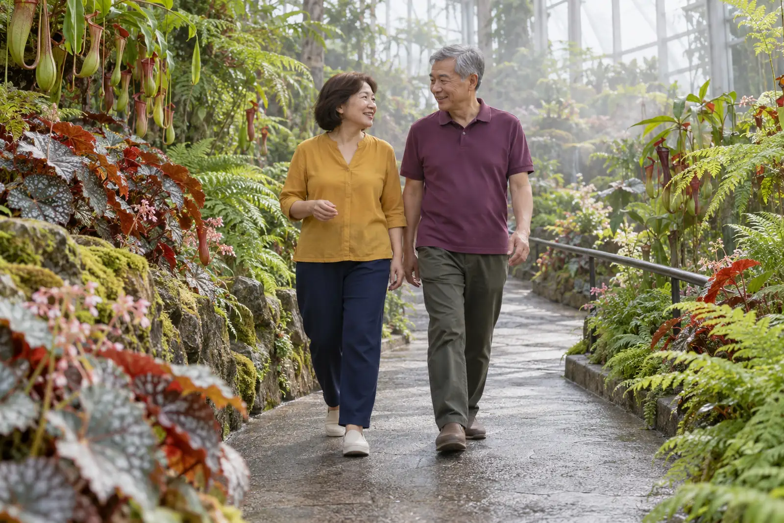 A couple walk together along a gently sloping path through a misty tropical glasshouse.