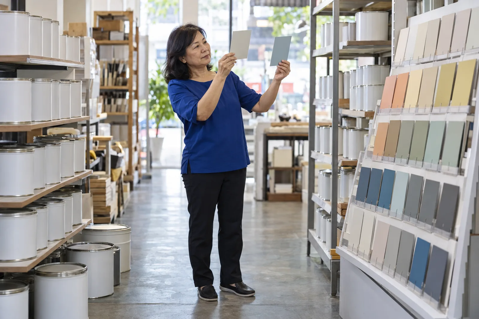 A woman holds two colour swatch cards up to the light in a bright neighbourhood paint shop.