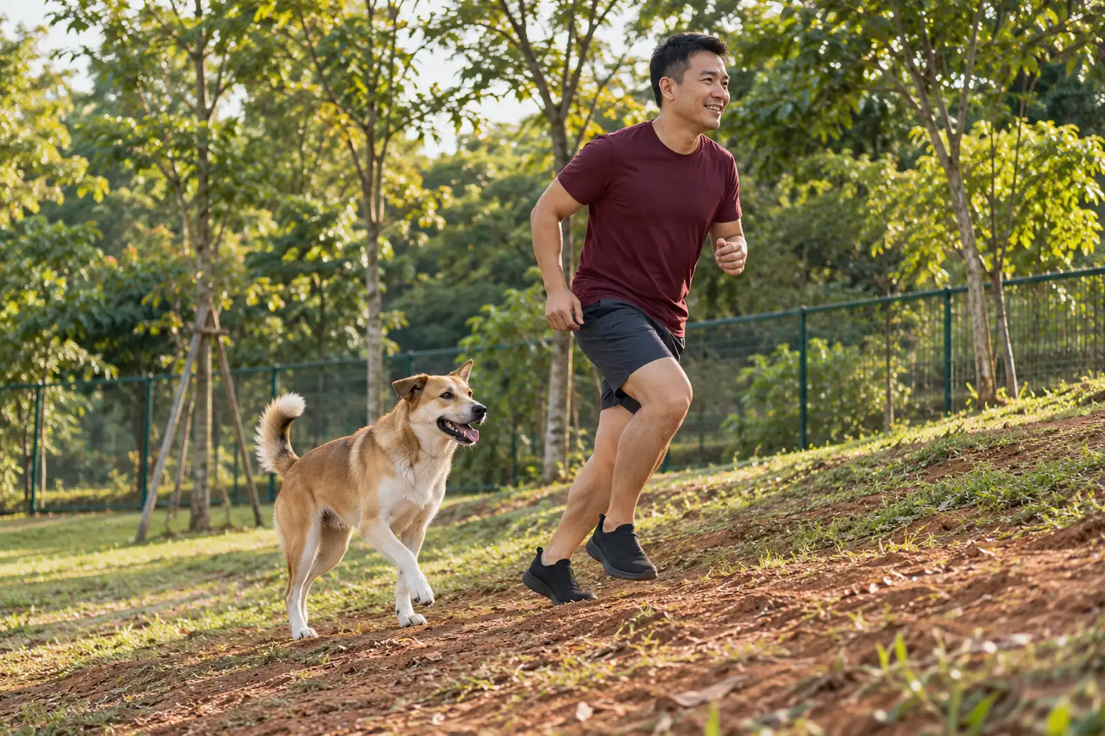 A man jogs up a red-earth slope beside his dog in a fenced neighbourhood run.
