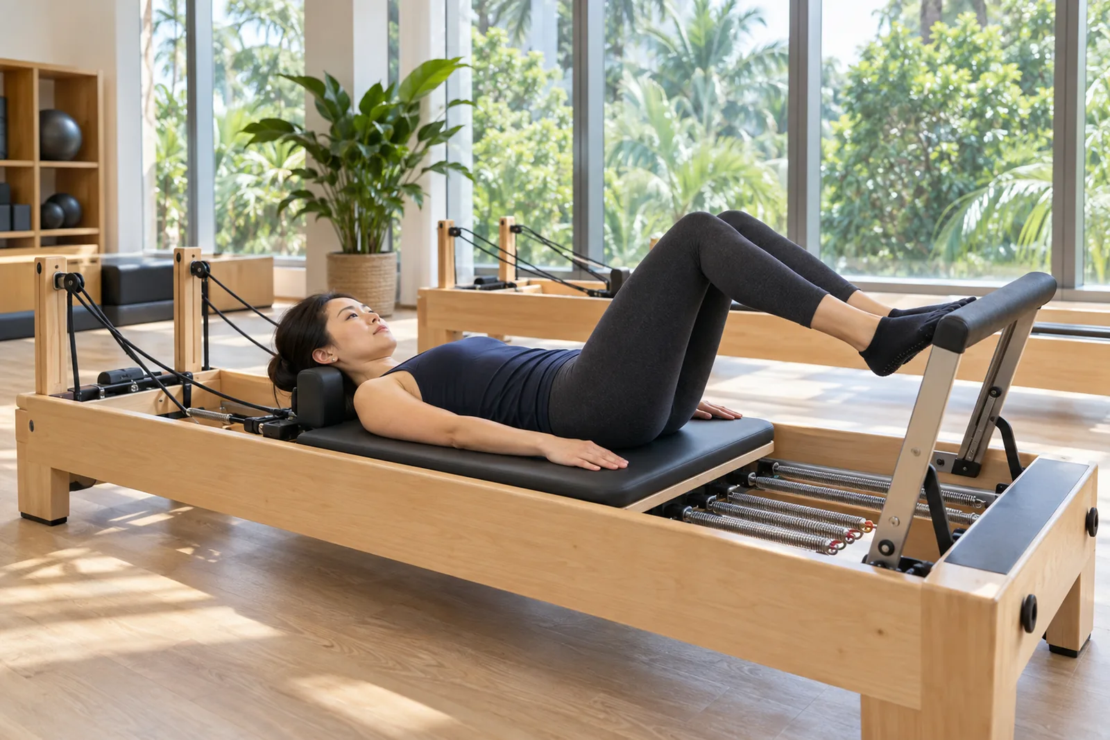 A woman performs controlled footwork on a timber reformer in a bright studio.