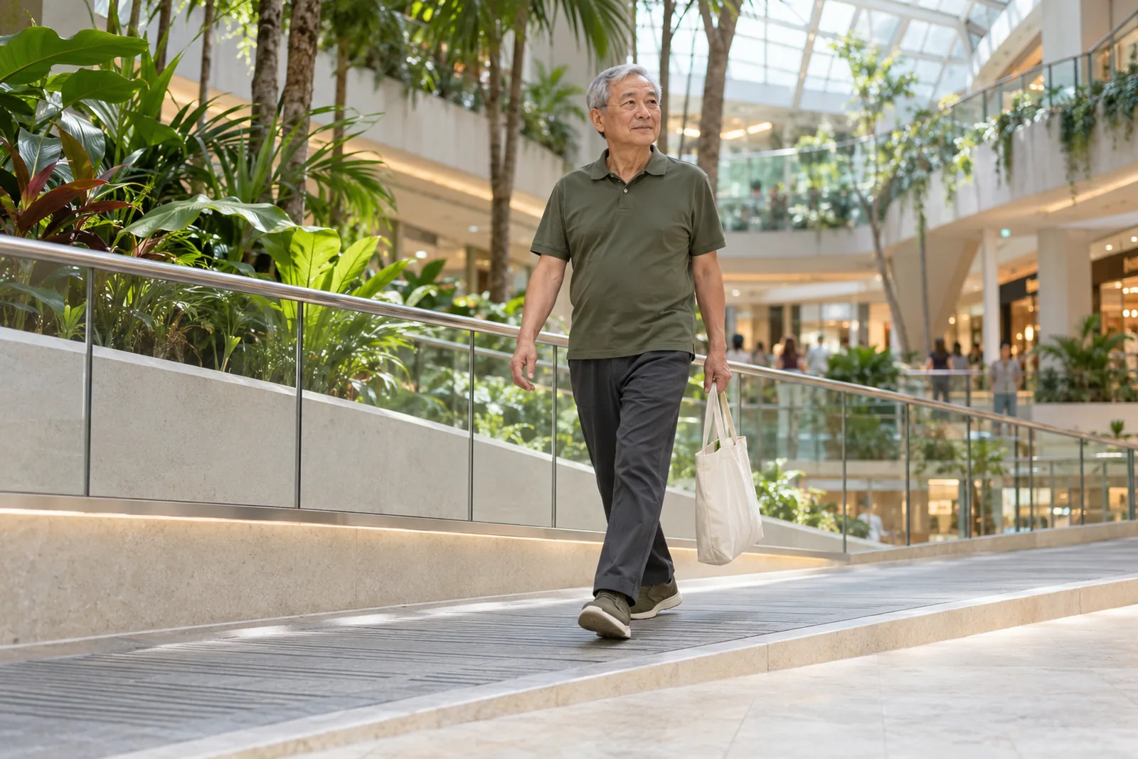 A man carries a canvas shopping bag up a gentle ramp in a bright neighbourhood mall.